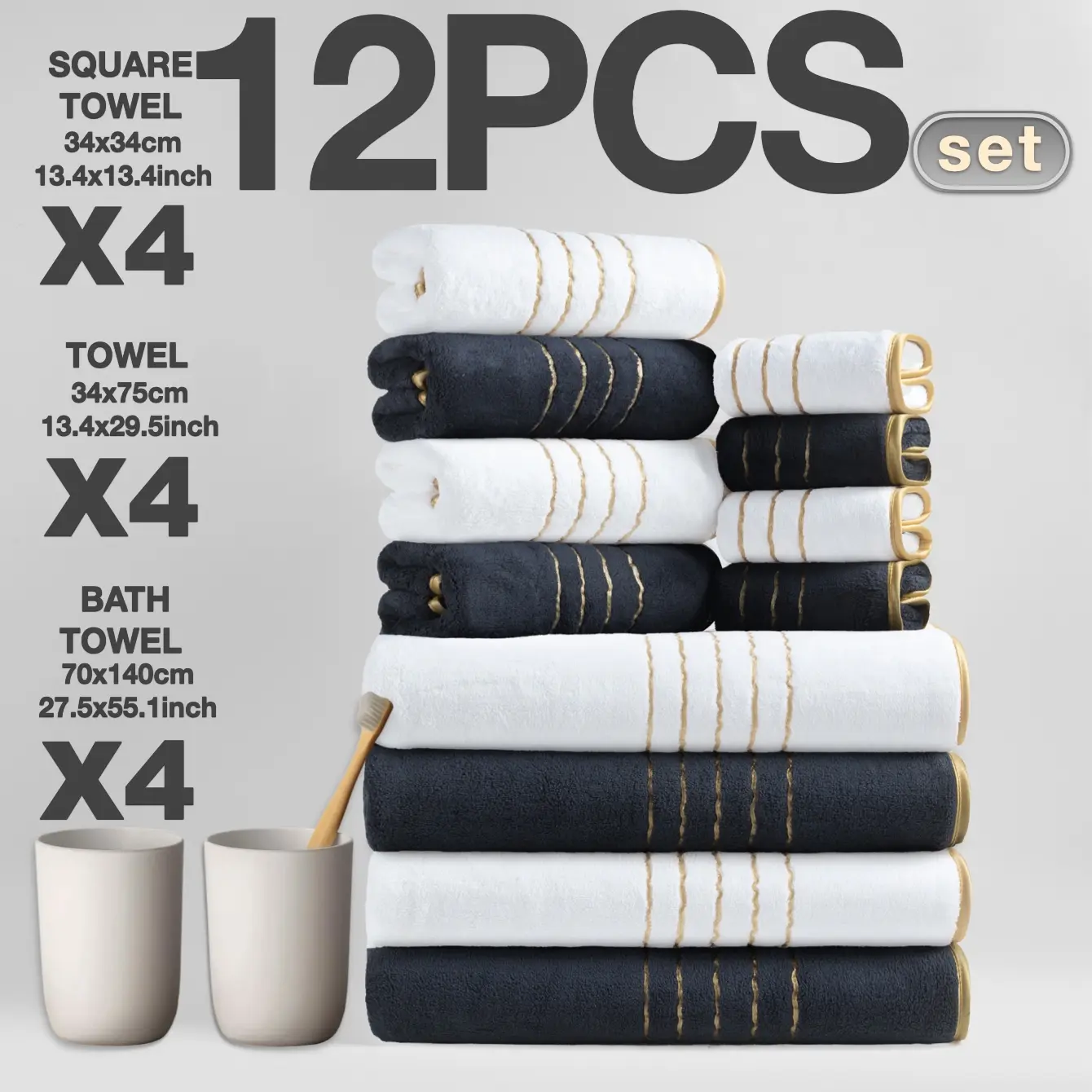 Luxury Gold Thread Border Bath Towels Set, 12-Piece High-End Striped Fall Winter Thickening, Quick-Dry Absorbent Microfiber, Premium Bath Towels