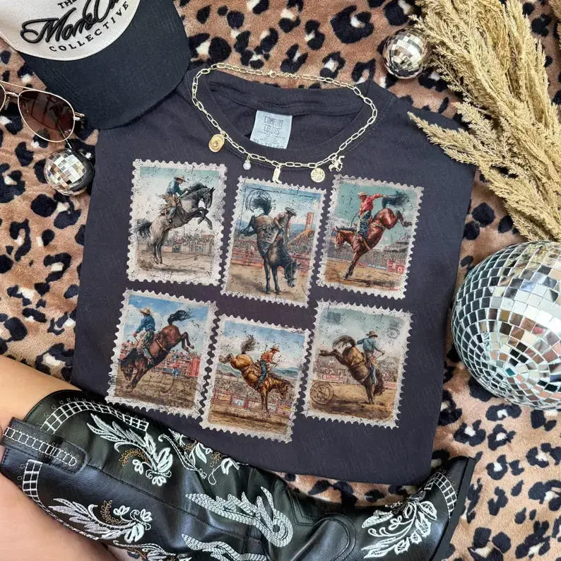 Comfort Colors Rodeo Cowboy T-Shirt, Western Tee, Horse Bucking Horses, Western Postage Stamp Tshirt, Western Concert, western clothing, punchy western wear, cute western tops