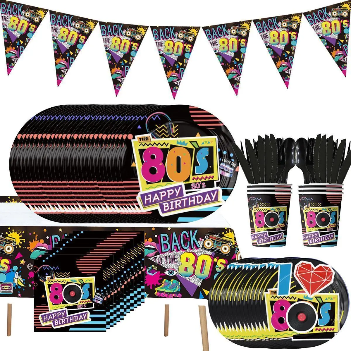 80s Theme Disposable Birthday Party Tableware Set - 7inch Paper Plates, Napkins, Cups (Home Decor Supplies), 7Inch Plates