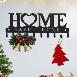 HOME Metal Key Hook Wall Mount, Letter Design for a Warm Feel, Adhesive Key Rack with Hooks Hanger for Car Key Ring, Metal Key Chain Organizer, Black 1 Pack