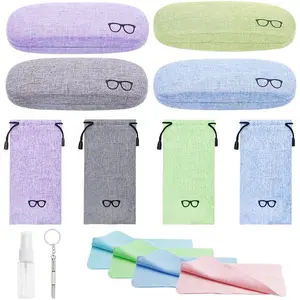 zhengwanhh09j 4 Sets Portable Linen Hard Shell Glasses Case, Protective Eyeglasses Box with Drawstring Pouch & Cleaning Cloth for Sunglasses Storage