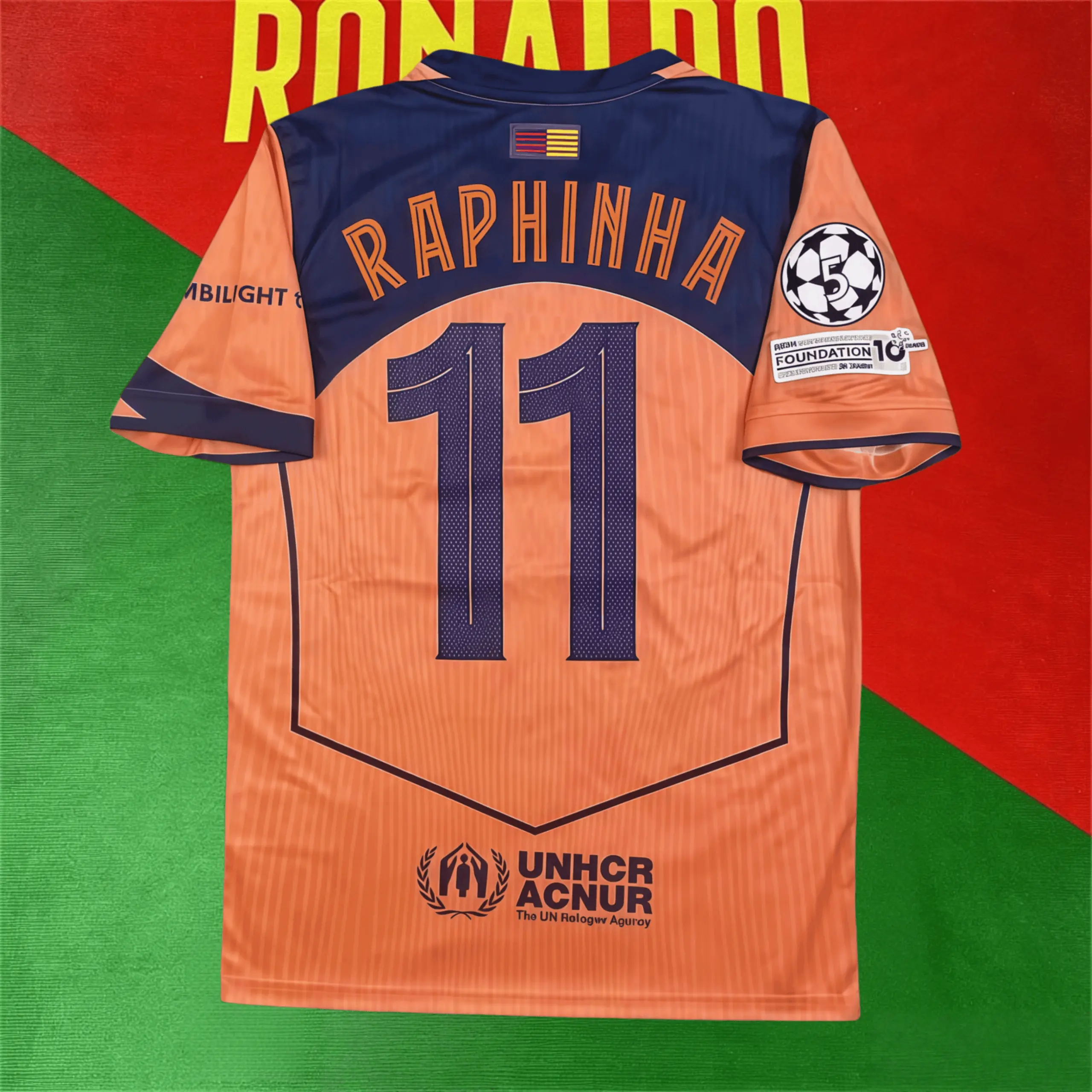 Away No. 11 Raphinha Collector's Edition Short-Sleeve Soccer Jersey in Vibrant Orange and Deep Navy Blue