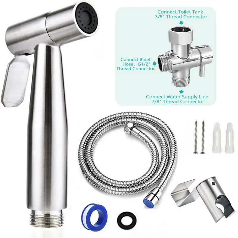 Modern Handheld Bidet Sprayer Kit - 7/8" Brushed 304 Rust-Resist Stainless Steel Adjustable-Pressure Faucet, Hose, Teflon Tape, Wall-Mounted Bidet Attachments for Toilet, Parts, 100% Money-Back, Wall or Toilet Mount, Lasts Longer (Postpartum Care Use)