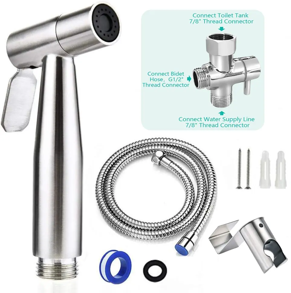 Modern Handheld Bidet Sprayer Kit - 7/8" Stainless Steel Adjustable-Pressure Faucet, Hose, Teflon Tape, Toilet Water Bidet Attachments for Bathroom Diaper Spraying, Postpartum Care, Bidet Attachments For Toilet, Water Bidet Attachment