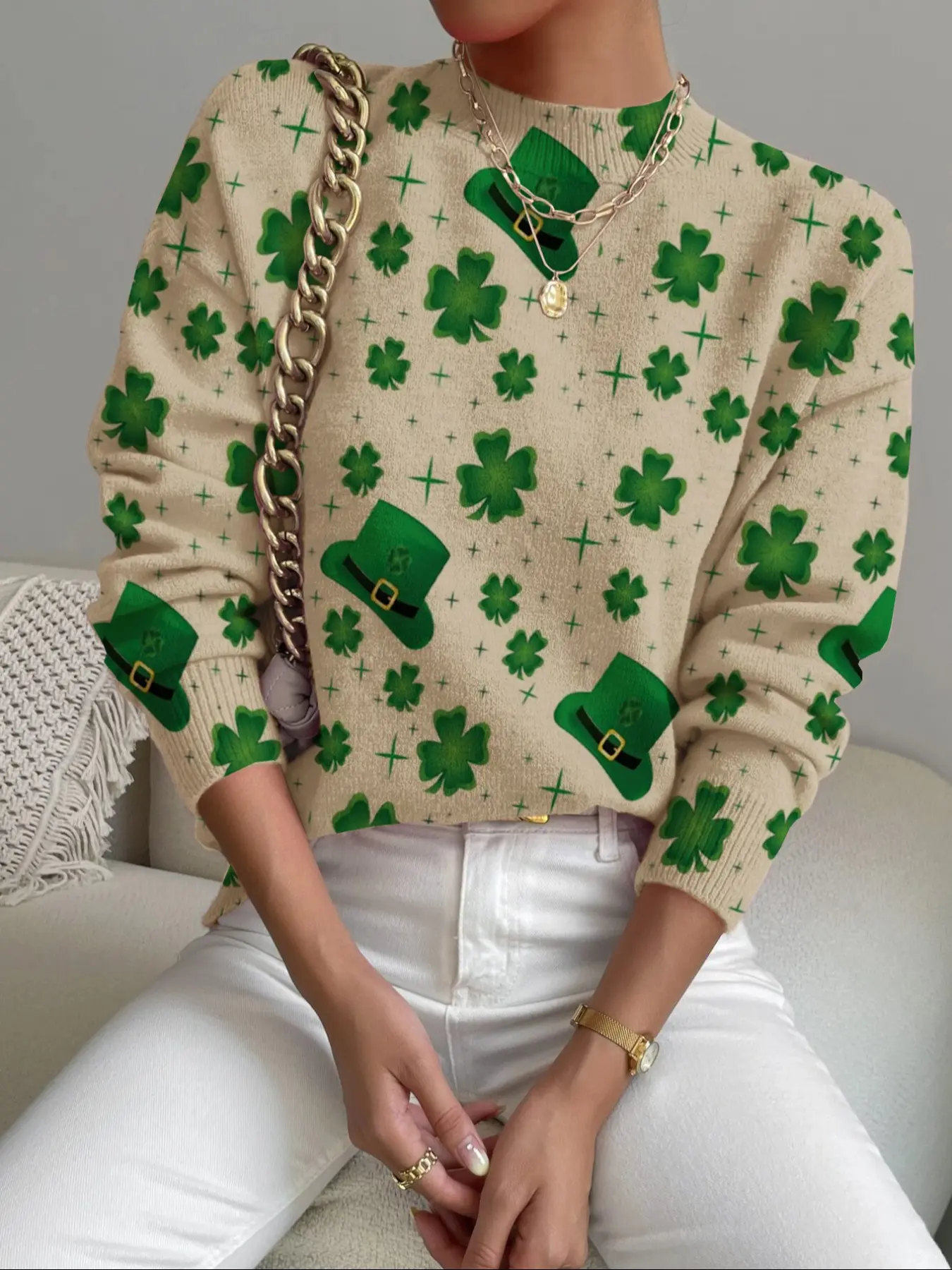 Women's Four-Leaf Clover Print Stand Collar Fitted Cropped Sweater, Fall Winter Casual Long Sleeve Knitwear, Comfortable Warm Daily Wear