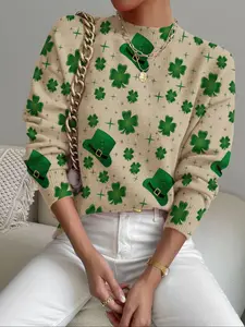 Women's Four-Leaf Clover Print Stand Collar Fitted Sweater, Fall Winter Casual Long Sleeve Knitwear, Comfortable Warm Daily Wear