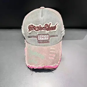 1969 Vintage Color Blocking Washed Letter Embroidery Ripped Baseball Cap, Trendy Unisex Sun Hat