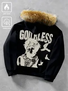 Angel Letter Print Hooded Cardigan, Unisex Loose Fit Fluffy Faux Fur Collar Zipper Jacket, Trendy Streetwear Casual Outerwear for Fall & Winter