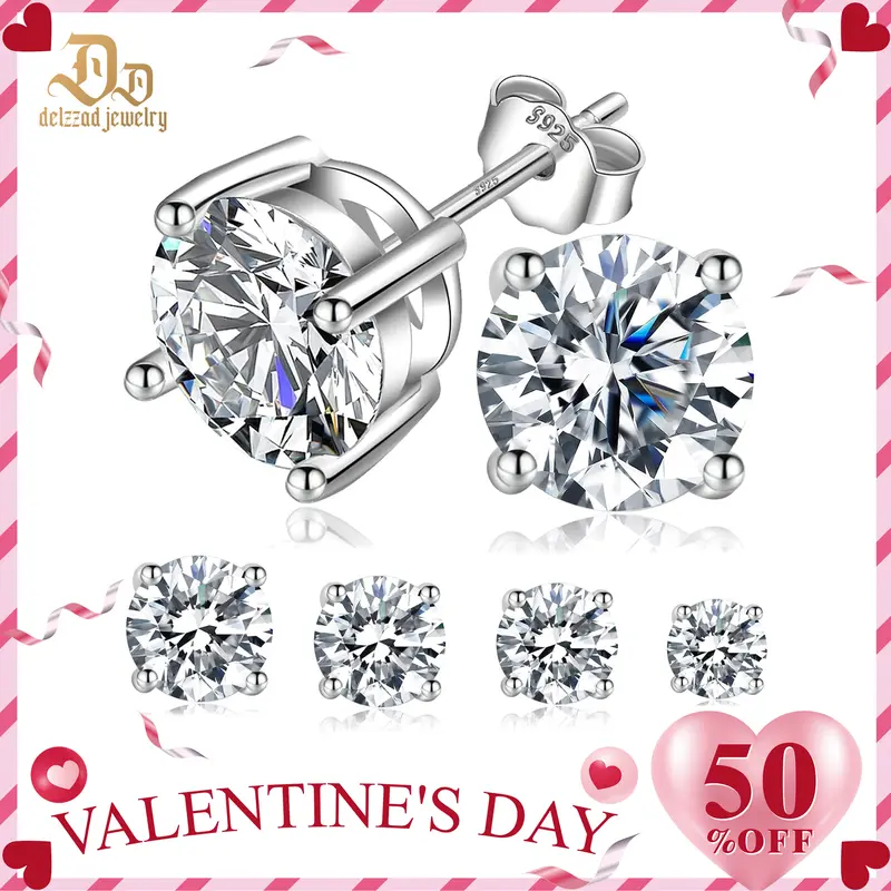 Delzzad 18k Gold-Plated Four-Prong Stud Earrings Round Lab-Created Moissanite Stud Earring S925 Sterling Silver Moissanite Jewelry Perfect Birthday Mother’s Day Christmas Gift for Men Women Wedding Set Daily Anniversary Engagement Gift