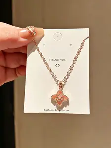 Pink Sakura Four-Leaf Clover 18K Real Gold Plated Zircon Flower Drop Necklace Delicate Sweet Collarbone Chain Light Luxury Niche Jewelry for Women