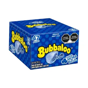 Bubbaloo Mora Azul Chewing Bubble Gum with Liquid-Filled Center, Box of 47 Pieces, Mexican Candy, Dulces Mexicanos Snack Flavor