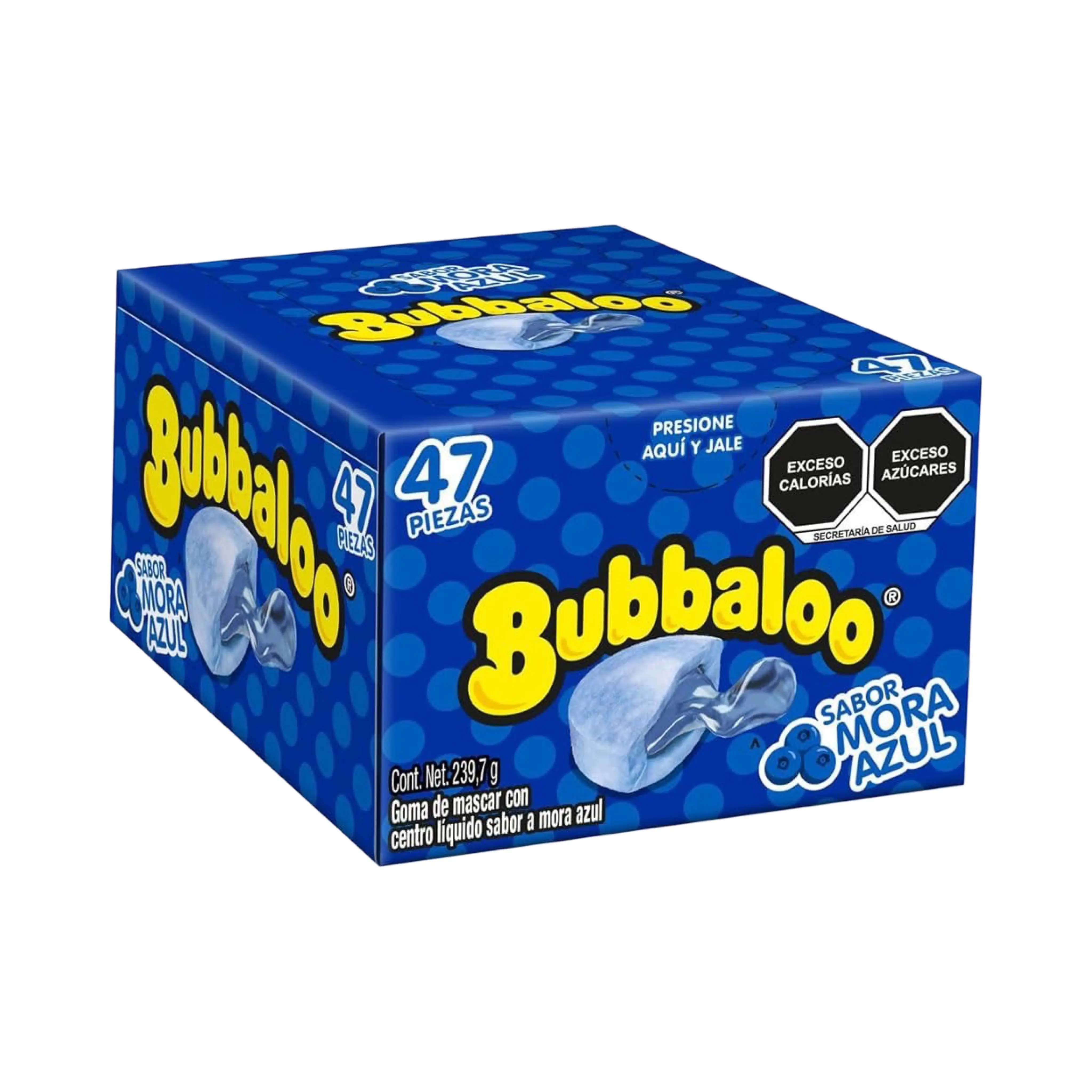Bubbaloo Mora Azul Chewing Bubble Gum with Liquid-Filled Center, Box of 47 Pieces, Mexican Candy, Dulces Mexicanos Snack Flavor