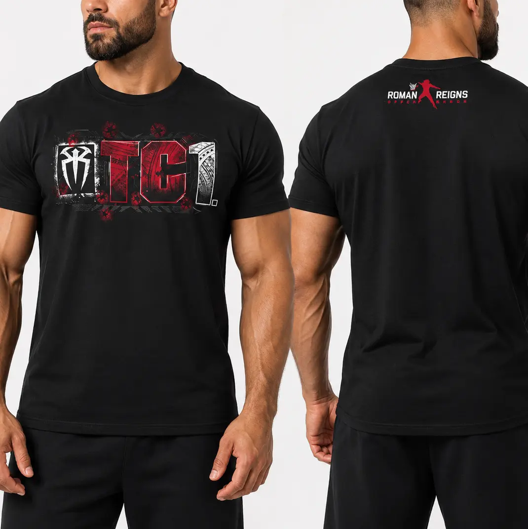 Men's Black Roman Reigns OTC1 WWE Short-Sleeve T-Shirt, Tribal Chief Wrestling Graphic Tee, Front-Back Design, Pro Wrestling Streetwear