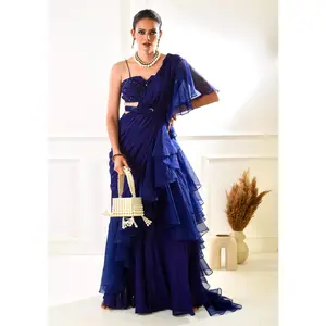 Nikasha navy ruffle saree set