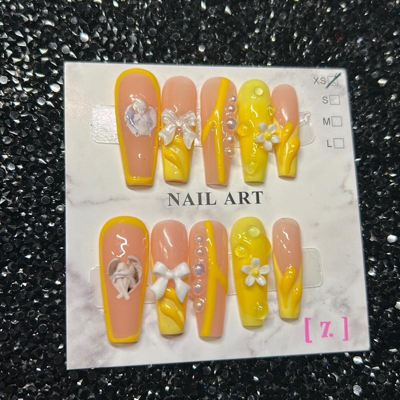 Yellow and Nude Press On Nail Art - Long Coffin Shape, Includes Application Kit, Size XS, Available in Various Designs