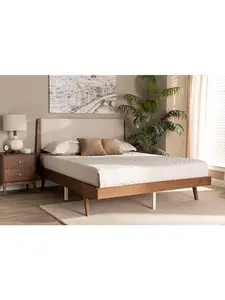 Baxton Studio Senna Mid-Century Modern Queen-Size Beige Fabric Upholstered Platform Bed Frame, Walnut Brown Finished Wood, and Slatted Bed Base (MG0008S-Beige-Walnut-Queen)