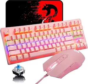MAMBASNAKE K2 Mechanical Gaming Keyboard,Blue Switch Mini 82 Keys Wired Rainbow LED Backlit Keyboard,Lightweight Gaming Mouse 6400DPI Honeycomb Optical for MAC PC Gamers(Pink)