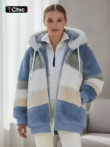 Women's Colorblock Drop Shoulder Hooded Polar Fleece Coat, Fashion Casual Long Sleeve Zip Up Warm Outerwear For Daily Outdoor Wear, Women's Clothing, Jackets