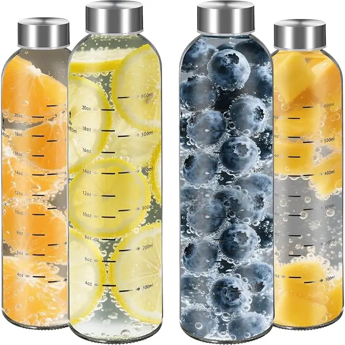 WINSA Thick BPA-Free Glass Water Bottles (17oz/25oz, 0-500ml) - 4pcs/6Pack Transparent Reusable Drinkware, Leak-Proof Stainless Steel Cap, Portable Washable Cup Tumbler for Refrigerator, Car Cup Holder Friendly, Ideal for Juice & Water Use