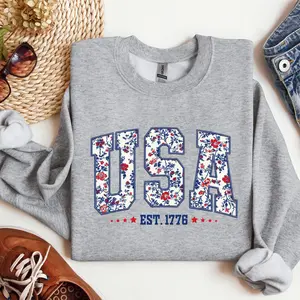 Floral USA Patriotic Varsity Graphic Sweatshirt, 4th of July American Girl USA Est 1776 Sweatshirts for Men & Women