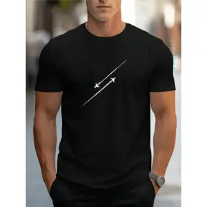 Men’s Minimalist Airplane Graphic T-Shirt, Casual Short Sleeve Crew Neck Tee with Simple Line Flight Print, Lightweight Comfortable Everyday Wear Top, Travel Style Streetwear Unisex Fit, Black and White Options