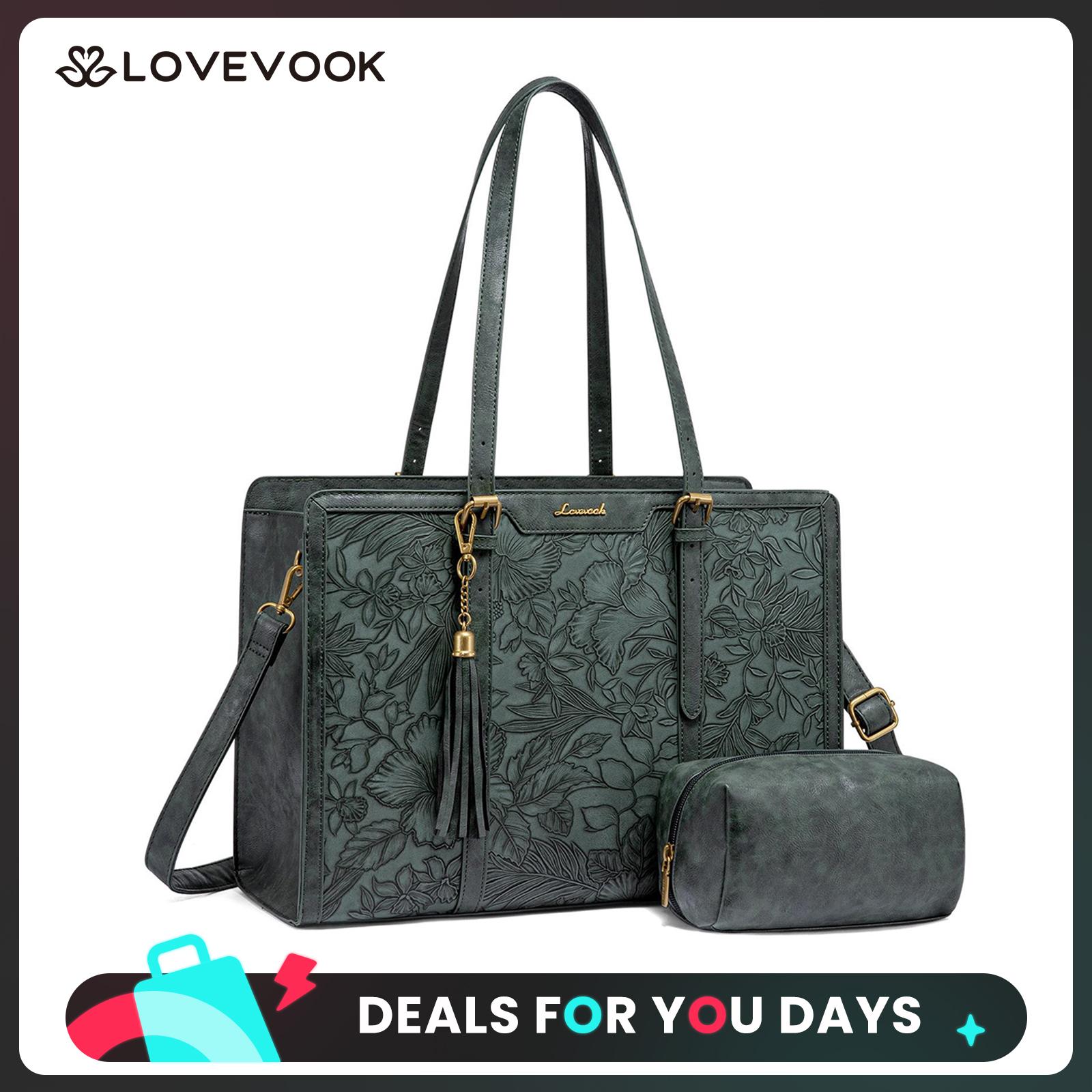 LOVEVOOK Canvas Laptop Tote Bag 15.6 & 17.3 inches for Women with Clutch Purse, Lightweight Tote Bag with 2 Cup Holder, Purses for Women, Computer bag for Work, Office, Casual.  DealsForYouDays
