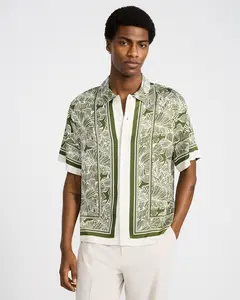 Express Men's Silky Baggy Palm Border Short Sleeve Resort Shirt, Floral-Accented Casual Top for Jeans & Pants Pairing