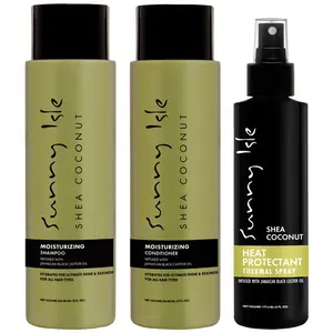 Sunny Isle Shea Coconut Moisturizing Shampoo, Conditioner (12oz) & Heat Protectant Spray Bundle - Jamaican Black Castor Oil Infused, Hydration, Frizz Control, Heat Protection, All Hair Types