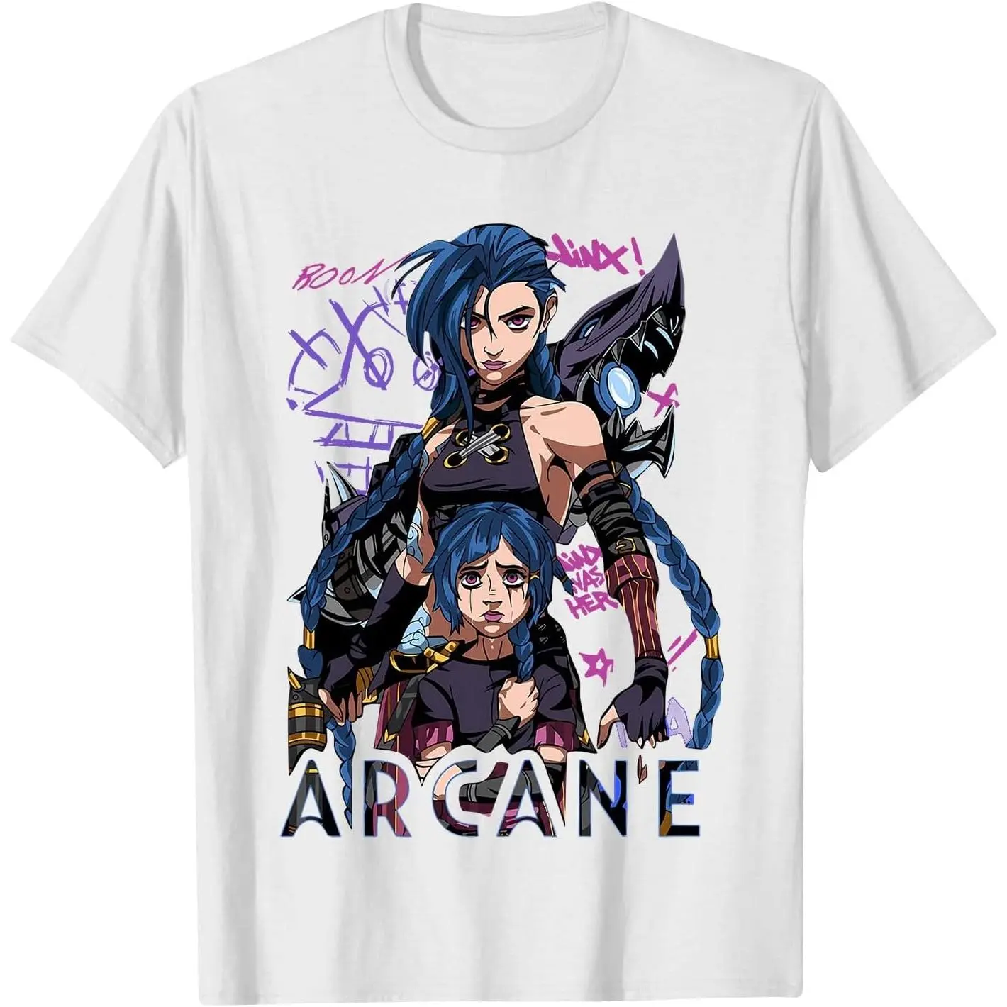 White Women's Stretch Cotton Fitted Tshirt, Arcane Jinx Anime Graphic Print Round Neck Casual Shortsleeve Lady Top,, Tops, Women's Clothes, Valentines Day, Short Sleeve, Heat Print, Stretch Knit, Customization Available, Do Not Dry Clean, Knitting, Machin