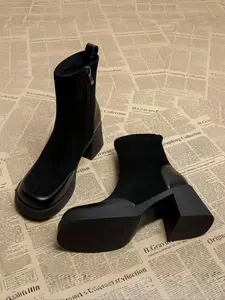 Women's Fashionable Solid Color High Heel Boots, Elegant Zipper Design Boots for Daily Wear, Female All-match Trend Shoes for Daily Wear, Footwear