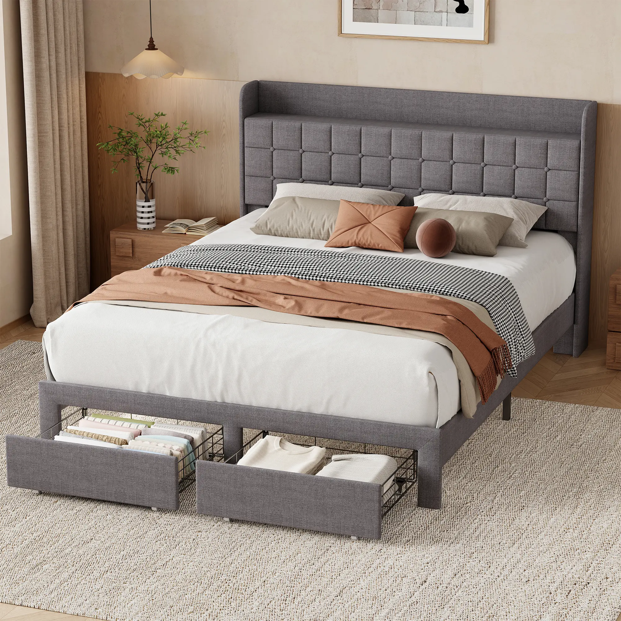 Upholstered Platform Bed Frame with 2 Large Storage Drawers and Wingback Headboard, Linen Fabric, No Box Spring Needed