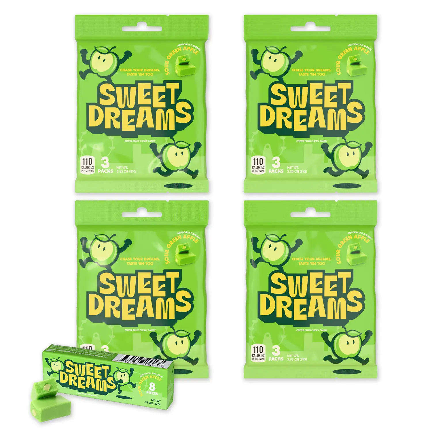 Sweet Dreams Center Filled Soft Chewy Candy Individually Wrapped, Gluten-Free Candies, Bulk Fruit Chews - Green Apple Flavor, 3 Sticks Per Bag, 8 Pieces Per Stick