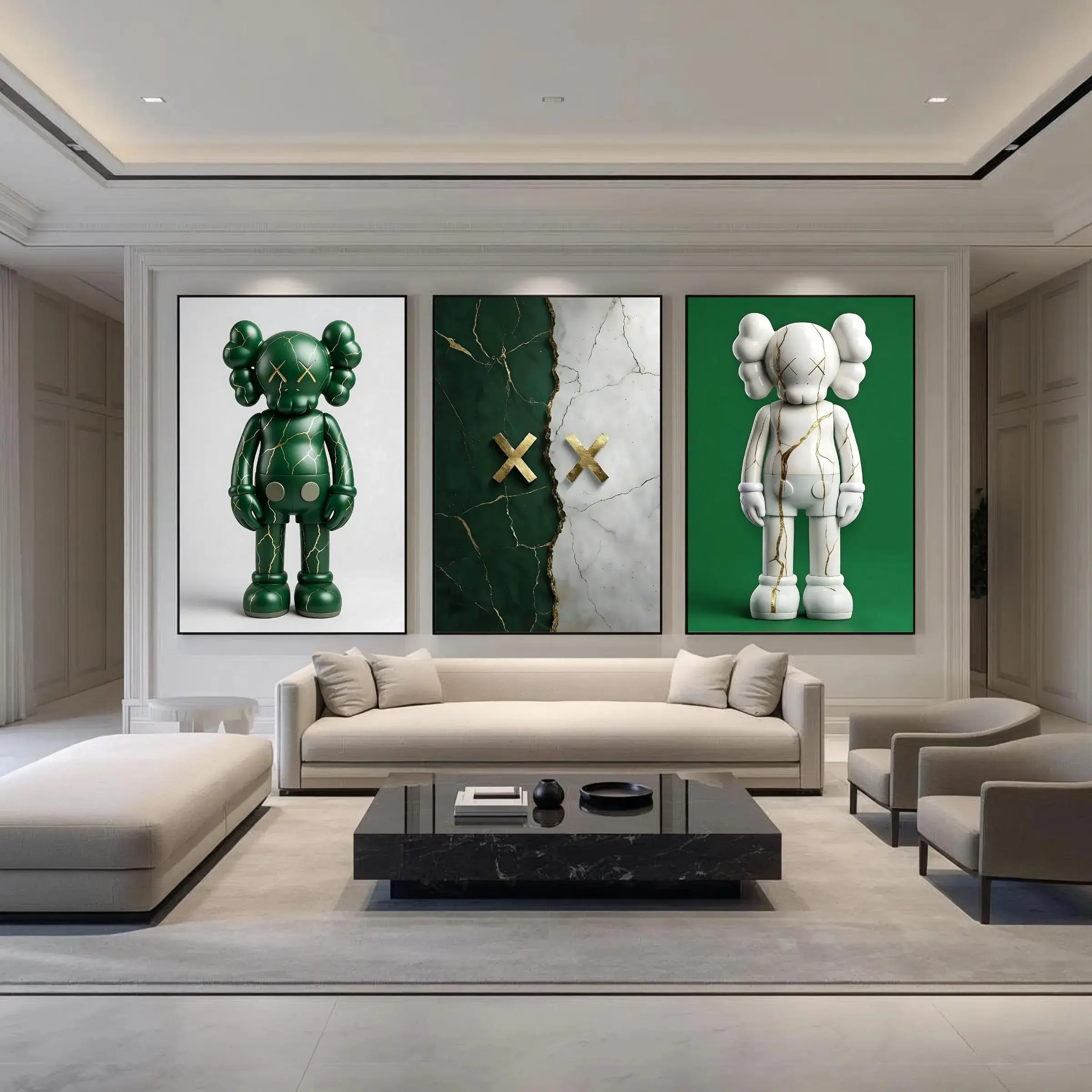 Green Kaws Inspired Wall Art Poster Set Of 3, Decorative HypeBeast Luxury Decor, Arrtful Modern Print, Kaws Figured, 4K High-res