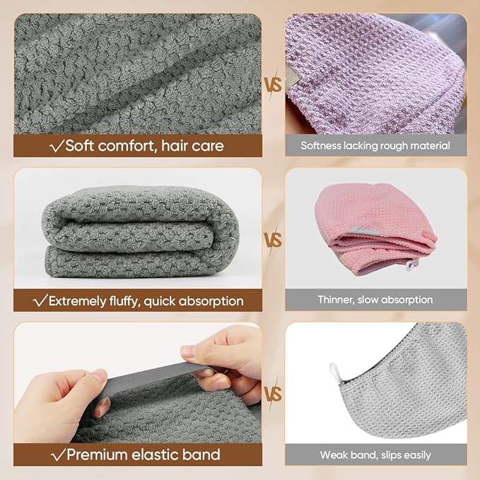 Women's 5pcs Microfiber Hair Towel Wrap Pack - Lightweight, Super Soft, Fast Drying Turban for Long Hair - 40x20in Anti-Frizz Wrap with Elastic Strap, Button Closure
