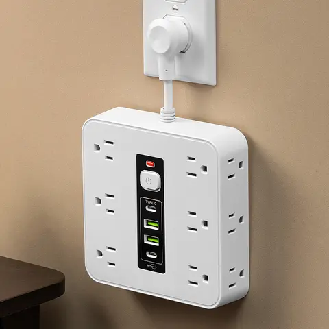 16-in-1 Compact Charging Station Sockets, Mini Multi-Port Unit with 12 Outlets, 2 USB, 2 Type-C, Surge Protection, Power Switch, Sleek Design for Home & Office Use, Mini Multi-Port Sockets