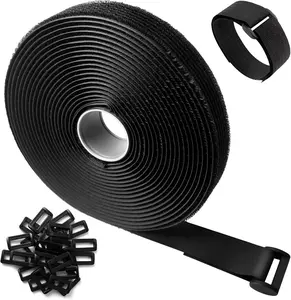 1 Inch x 32 Ft Velcro  Ties with 50 Buckles  , Adjustable Hook and Loop Straps for Organizing Cords, Wires, Gear  Cut-to-Length Cinch Straps (Black)