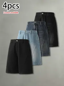 Pack of 4: men’s summer vintage washed distressed denim shorts featuring a deconstructed patchwork design—fashionable, trendy, casual, versatile, loose athletic denim shorts.summervibes