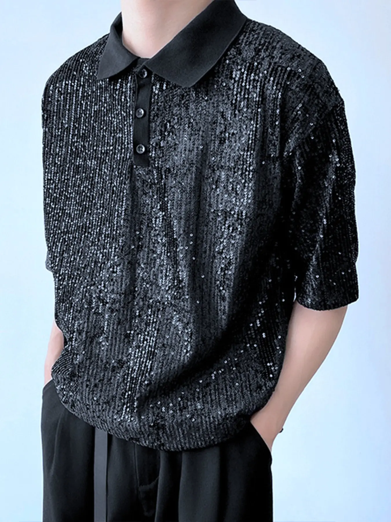 INCERUN Men's Sequined Lapel Short Sleeve Top Casual T-Shirt, Stylish Bling Design, Perfect for Daily Wear, Comfortable and Trendy