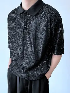 INCERUN Men's Sequined Lapel Short Sleeve Top Casual T-Shirt, Stylish Bling Design, Perfect for Daily Wear, Comfortable and Trendy