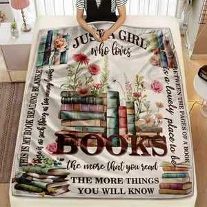 [Book Lover's Floral Blanket] Book Lover's Floral & Bookshelf Design Flannel Blanket -"Just a Girl Who Loves Books" Quote, Vibrant Colors, Machine Washable for Bed, Couch, or Reading Nook, Cozy Blanket, Bed And Couch Throw, Contemporary Style,