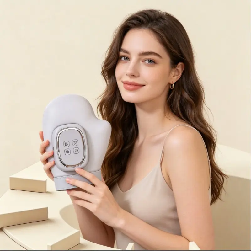 New type of pneumatic wireless electric hand massager. It can perform finger kneading, finger pressure, palm massage. It is suitable for relieving pain and numbness in finger joints. It also includes kneading heat therapy and heating massage function.