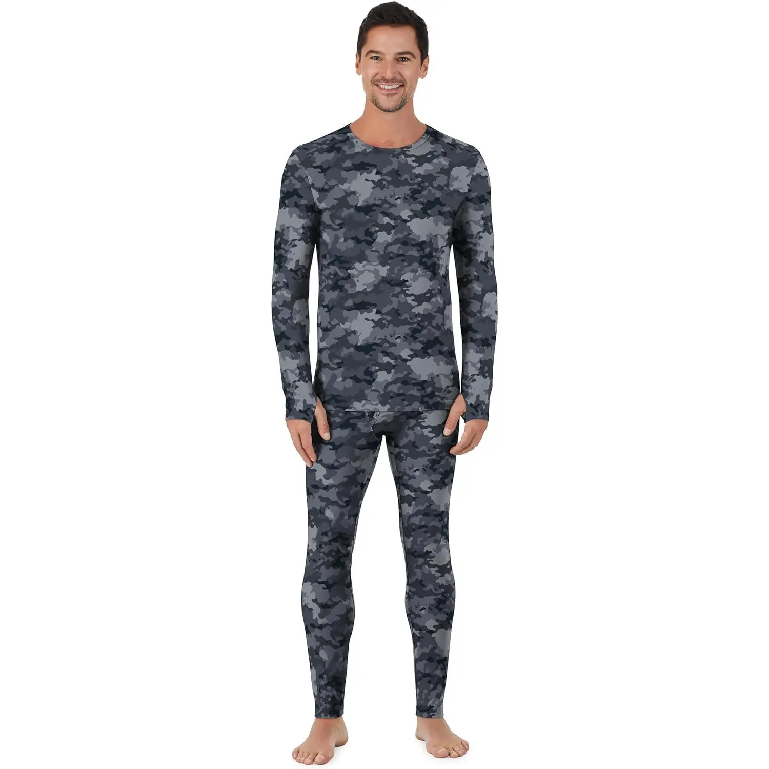 Men's 2-Piece Heavyweight Camouflage Thermal Underwear Set - Sleeve Top with Stretch Spandex Fabric, Moisture-Wicking Fleece-Lined Knit, Thumbholes