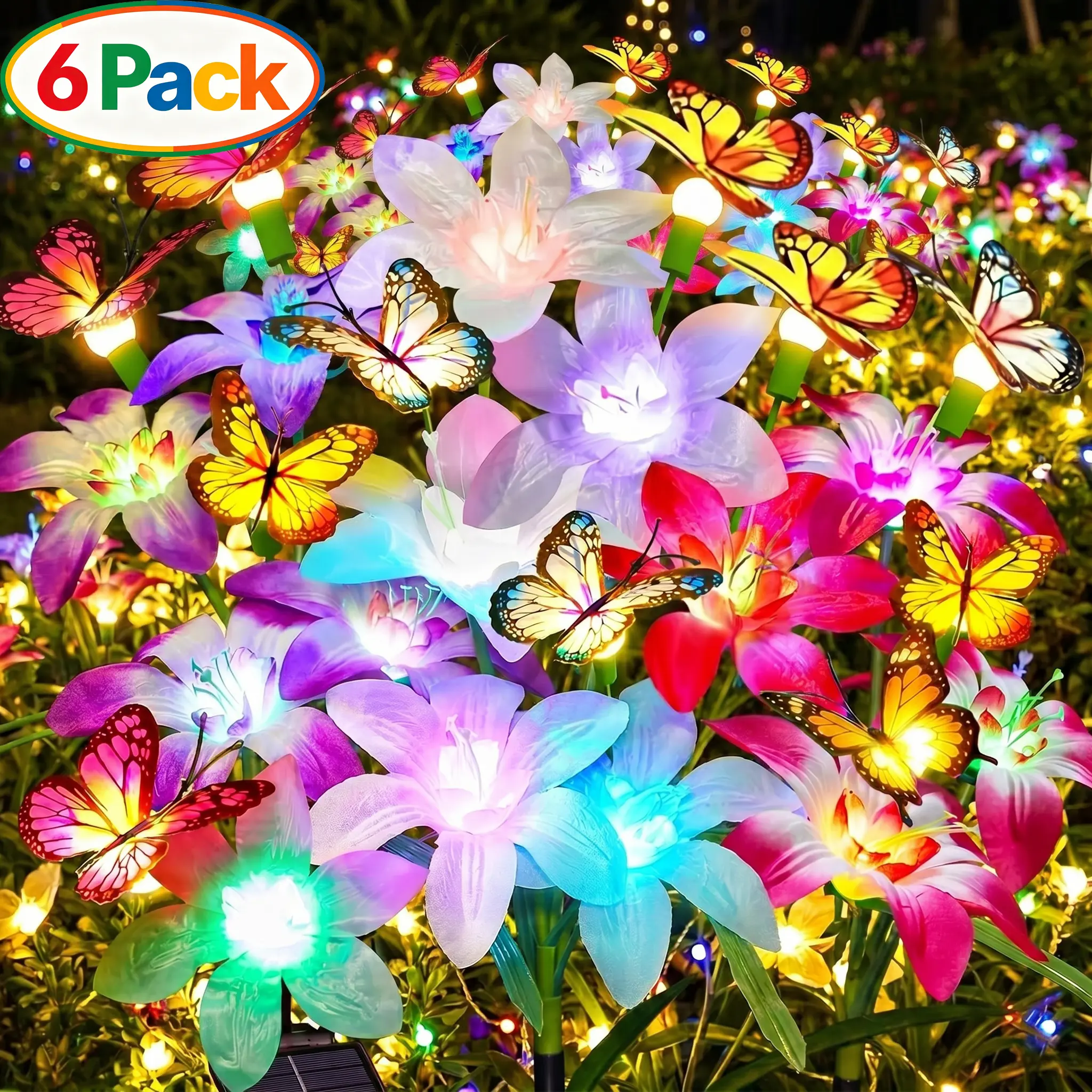 6-Pack Decorative Solar Lights Outdoor, Lily Flower Firefly Swaying Butterfly LED Lawn Ornaments, Waterproof 800mAh Warm White Contrast Lighting, Patio Pathway Decor & Birthday Gifts for Women, Outdoor Lighting Solutions