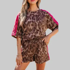 Dear-Lover Women's 2-Piece Animal Striped Clothes Set, Short-Sleeve Round Neck Casual Tee with Brown Contrast Accents, Matching Shorts, 95% Polyester 5% Elastane Blend, Comfy Durable Outfit