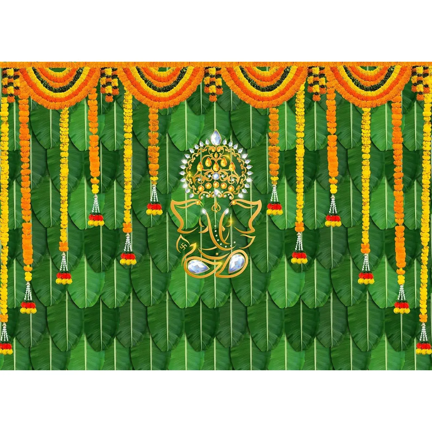 Polyester Lightweight Rectangular Pooja Backdrop with Ganesh Print - Traditional Chatiya Ganesh Mehndi Decor, Marigold Garland-Infused Banner for Pooja Festival, Wedding Party Photo Booth Props, Room