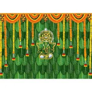 Pooja Backdrop Indian Ganpati Puja Traditional Chatiya Ganesh Mehndi Background Indian Decorations for Pooja Festival Wedding Party Marigold Garlands Photo Booth Props Banner