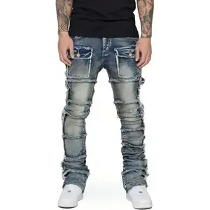 Stretch Stacked Jeans Mens Slim Fit Ripped Cargo Jeans Distressed Straight Leg Hip Hop Trousers with Pockets Denim Menswear
