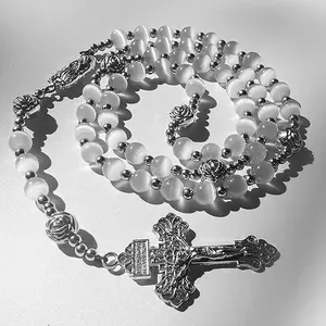 Catholic Rosary Beads with 8mm White Cat's Eye Glass, Ornate Silver Crucifix and Virgin Mary Medal, 24 Inch, 59 Pieces