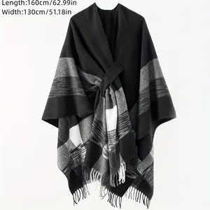 Black and White Tassel Cardigan Cloak, Thick, Soft and Warm, Cross Shawl, Autumn and Winter Outdoor Windproof Blanket Cloak