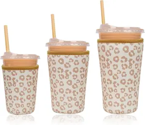 Reusable Insulated Neoprene Iced Coffee Cup Sleeve, Durable Drink Sleeve for Cold Beverages, Beverage Holder for Iced Coffee, Leopard Grace